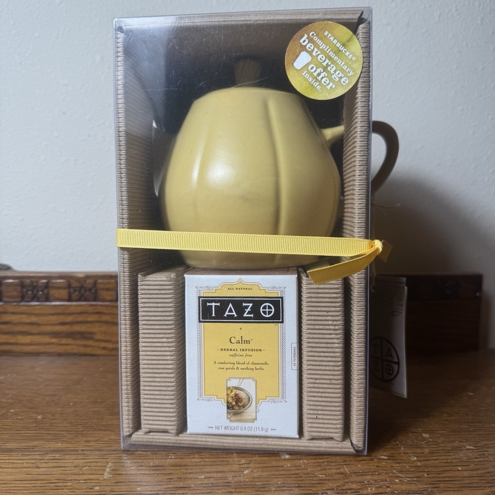 Starbucks Tazo Tea‎ Teapot Set Calm Herbal Infusion Yellow Ceramic New Gift Box